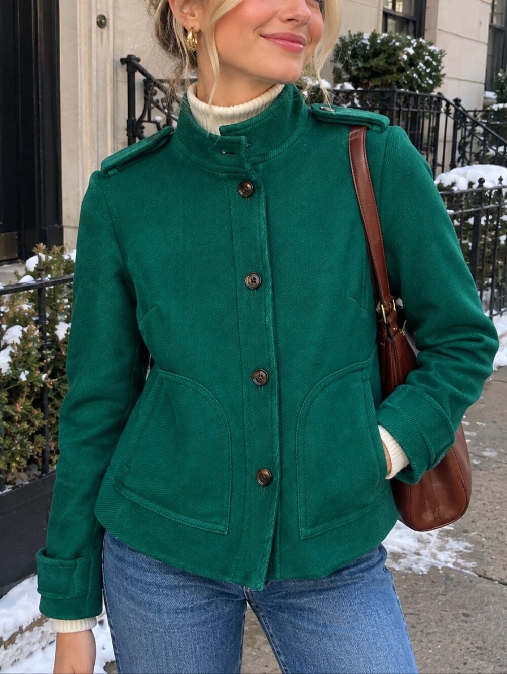 Banana Republic Green Cotton Twill Military Cropped Peacoat Jacket Epaulettes XS